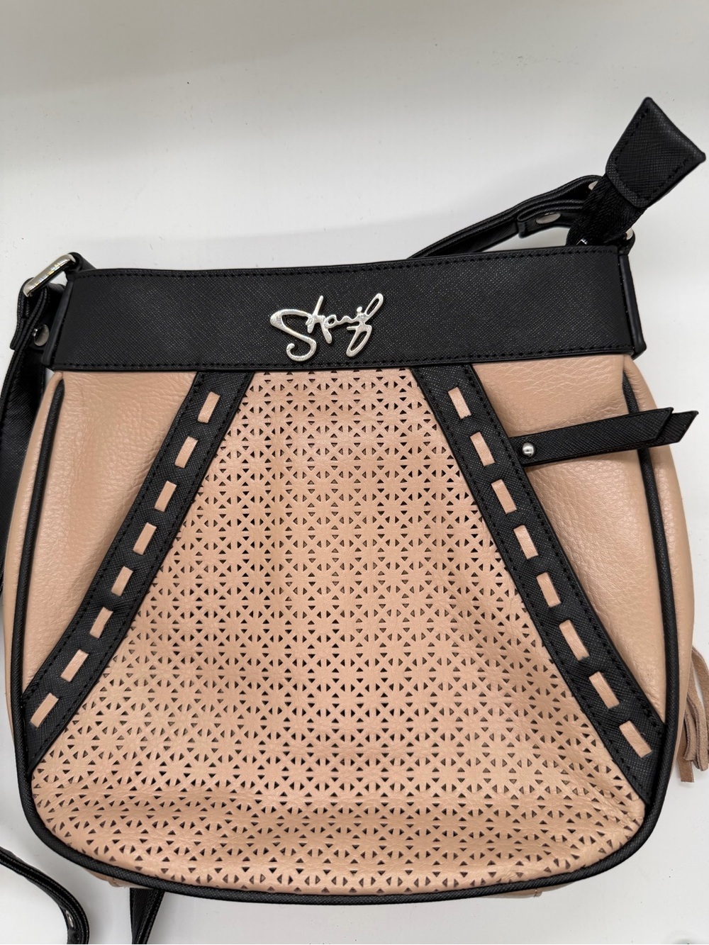 Sharif Black and Blush Perforated Crossbody Bag